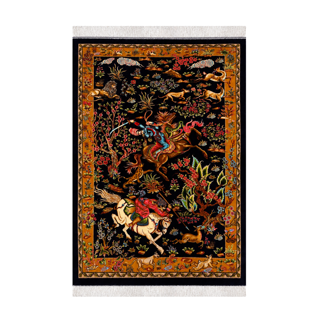 Hunting machine-made Persian Silk rug in Cobalt Blue, 120 × 80 cm