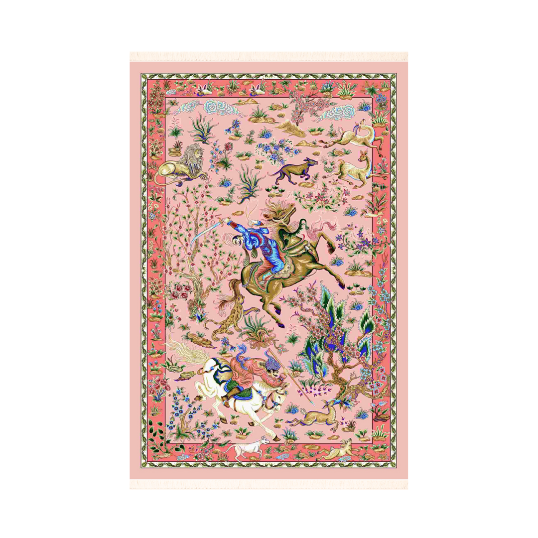 Hunting machine-made Persian Silk rug in Pink, 120 × 80 cm