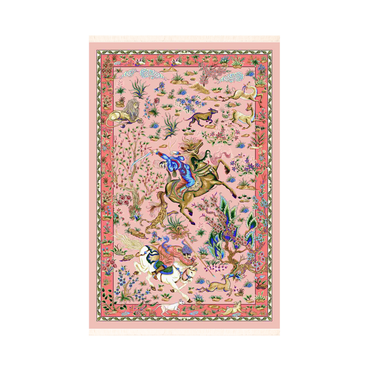 سجادة حرير فارسية مصنّعة آليًا Hunting، بلون وردي، 120 × 80 cm