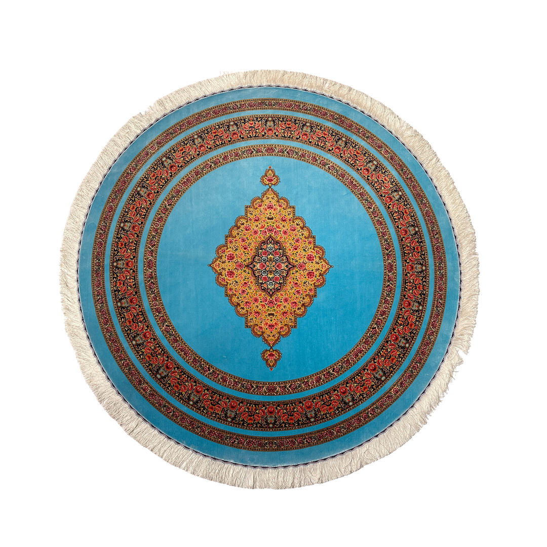 Scarlet Bloom machine-made Persian Silk rug in Turquoise, 150 × 150 cm