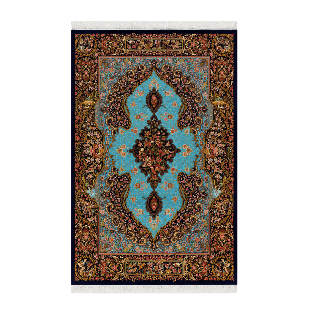 Dawn Bird machine-made Persian Silk rug in Cobalt Blue, 300 × 200 cm