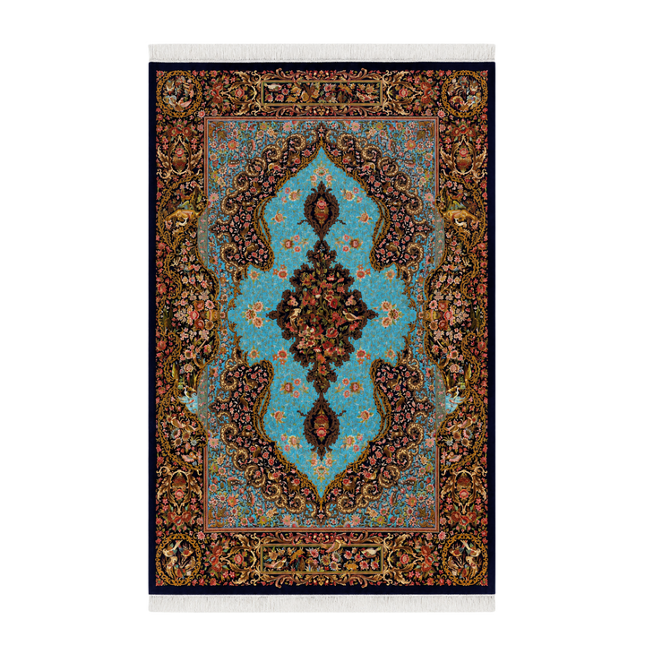 Dawn Bird machine-made Persian Silk rug in Cobalt Blue, 300 × 200 cm