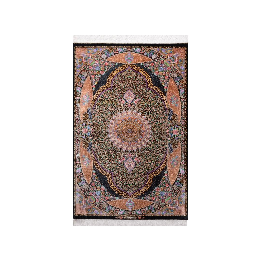 Mihrab Persian handmade silk rug in Black, 156 × 99 cm