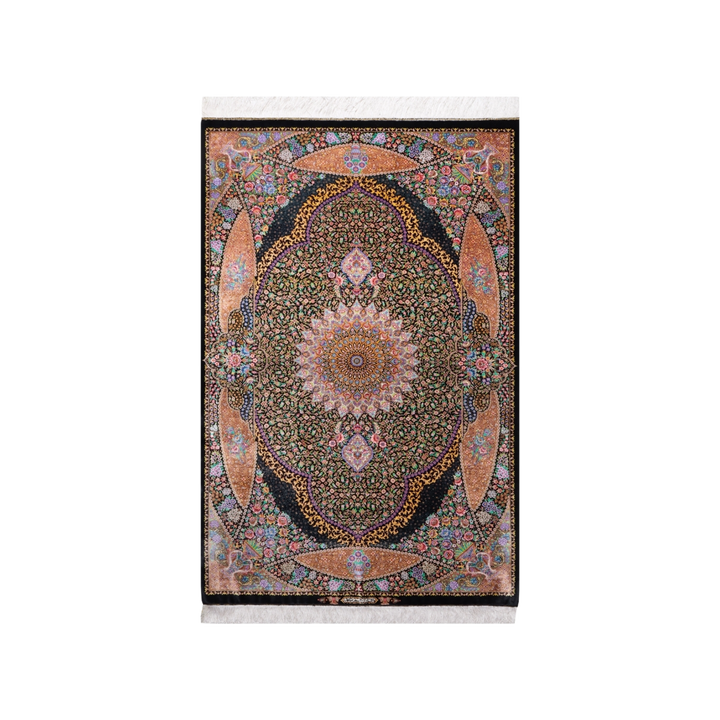 سجادة فارسية حريرية مصنوعة يدويًا Mihrab، بلون أسود، 156 × 99 cm
