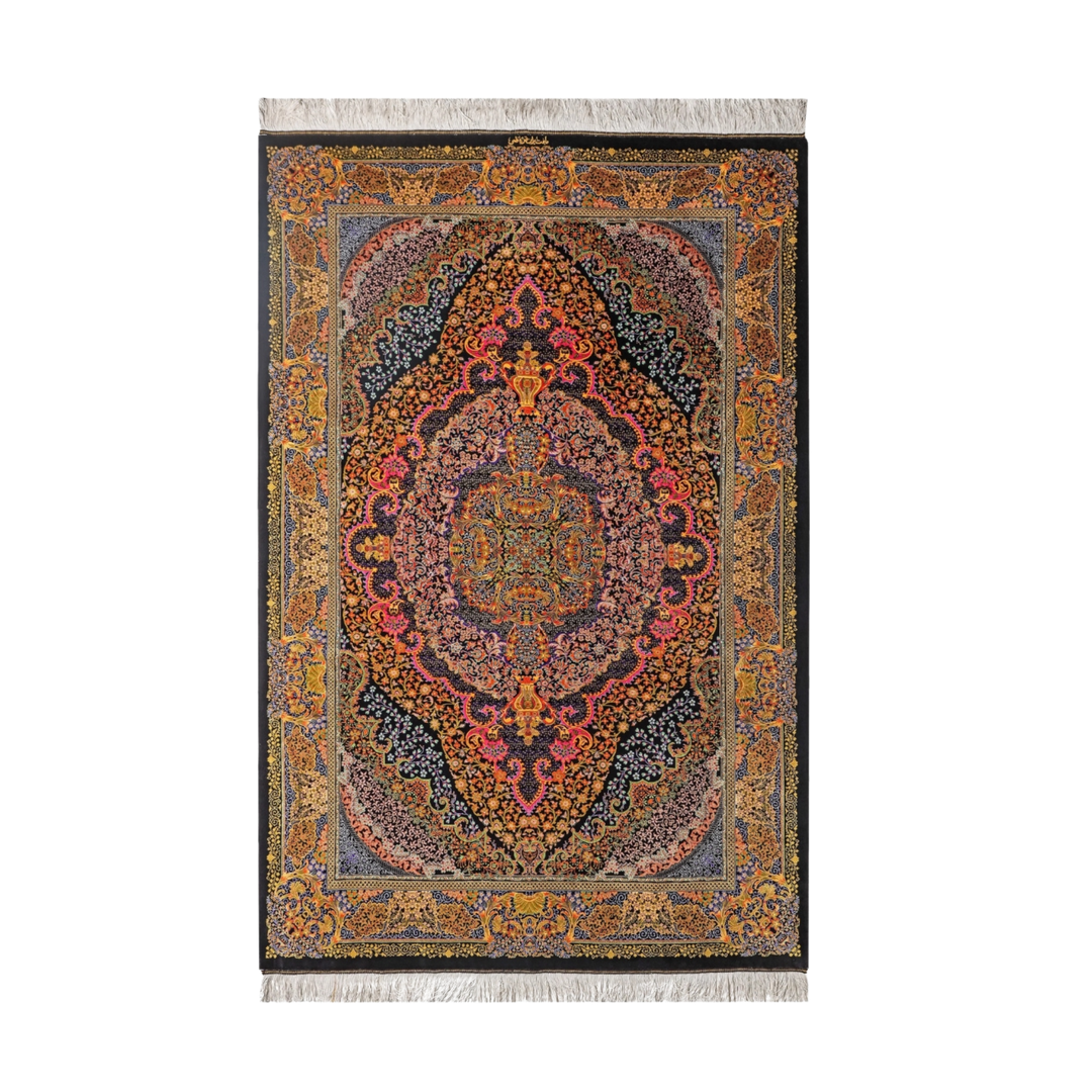 Central Medallion Persian handmade silk rug in Black, 194 × 135 cm