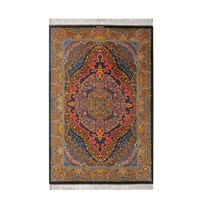 Central Medallion Persian handmade silk rug in Black, 194 × 135 cm