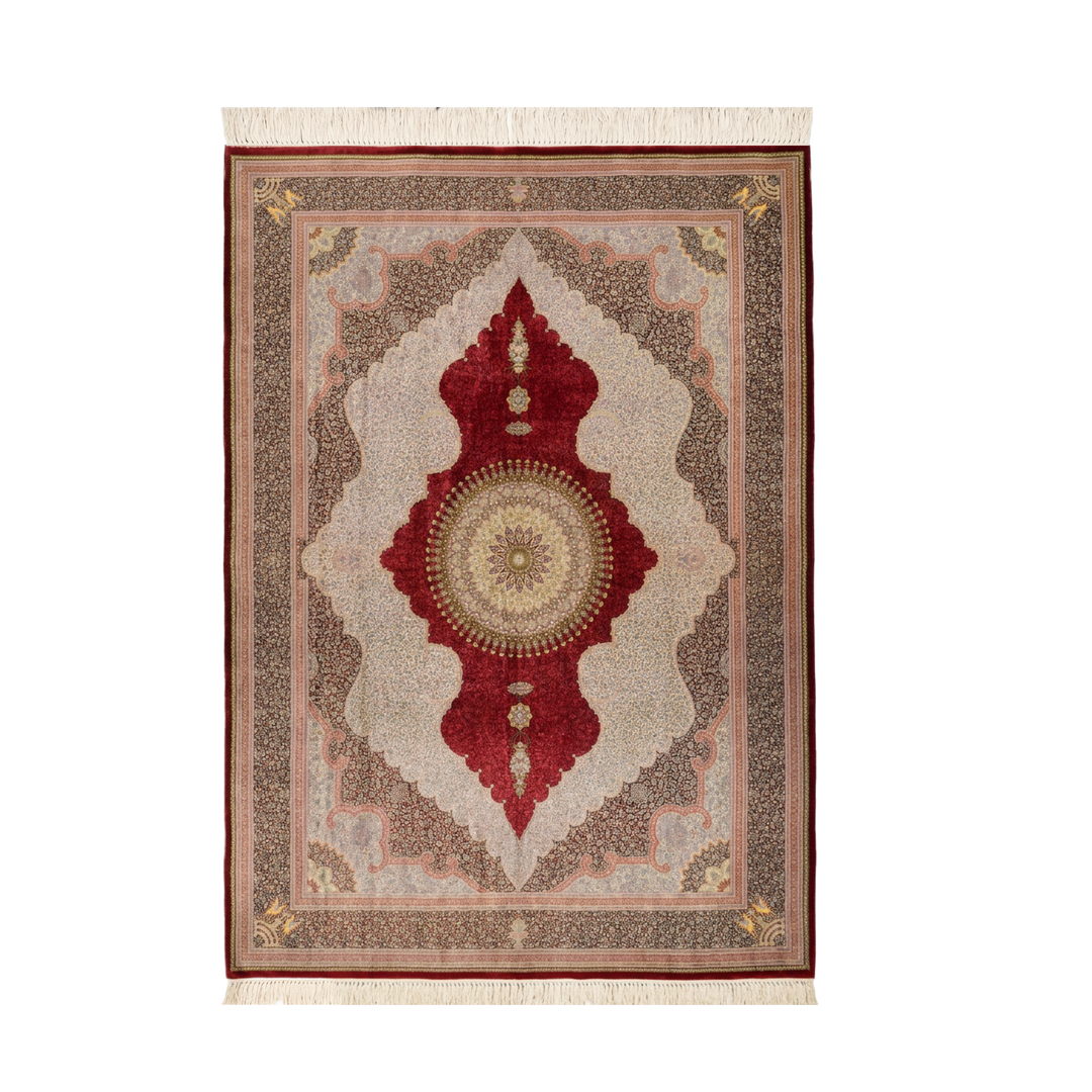 Boteh Medallion Persian handmade silk rug in Red, 395 × 295 cm