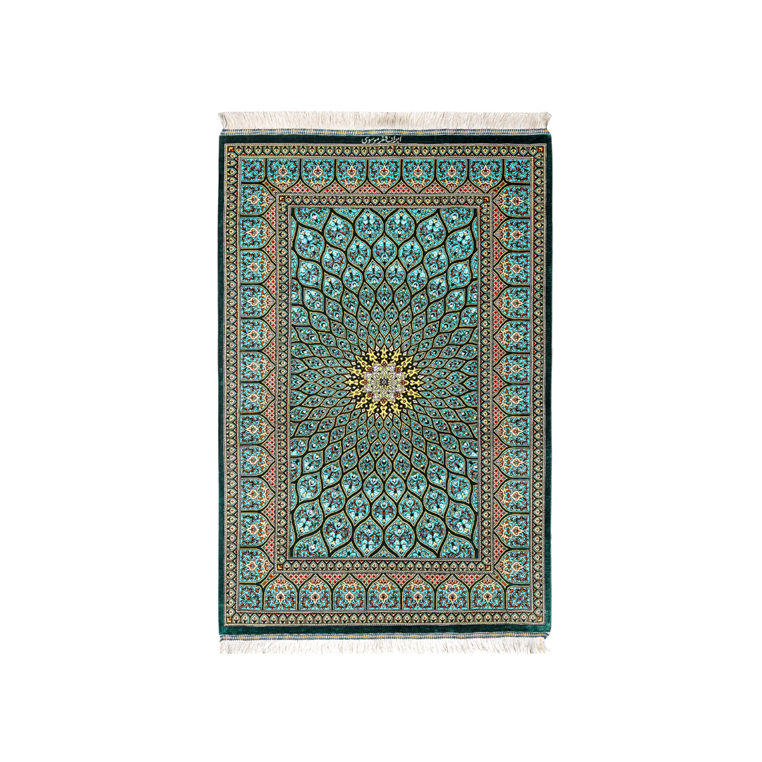 Islamic Persian handmade silk rug in Green, 123 × 81 cm