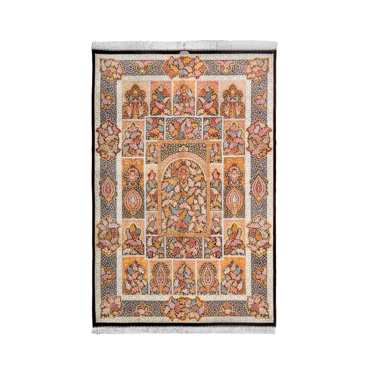 Kheshti 波斯手工丝绸地毯，黑色，304 × 202 cm