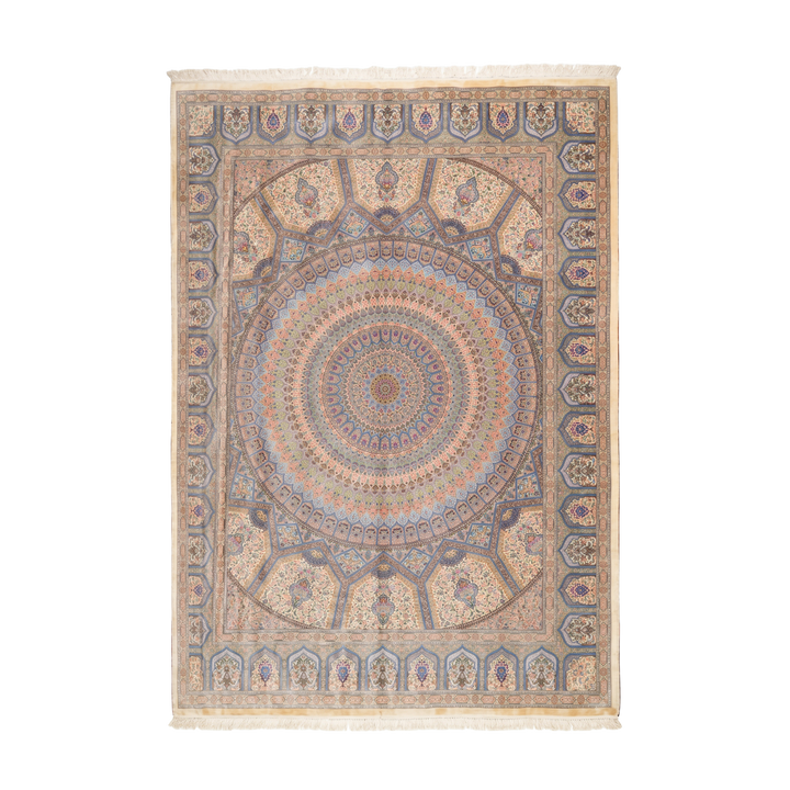 Sheikh lotfollah Persian handmade silk rug in Cream, 395 × 295 cm