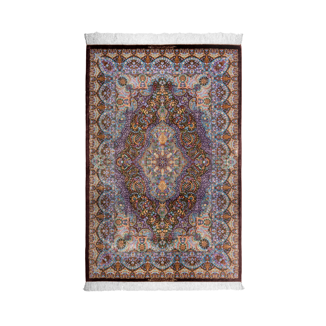 Central Medallion with Corner Spandrels Persian handmade silk rug in Brown, 203 × 133 cm