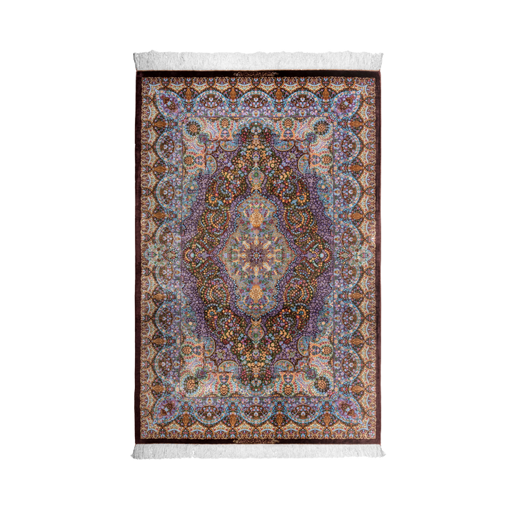 Central Medallion with Corner Spandrels Persian handmade silk rug in Brown, 203 × 133 cm