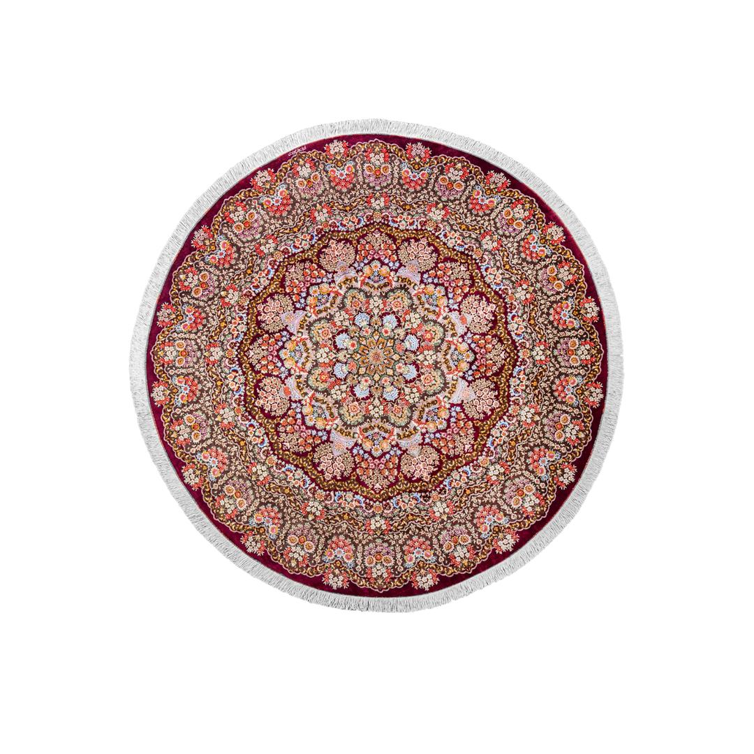 radial floral medallion Persian handmade silk rug in Red, 240 × 240 cm