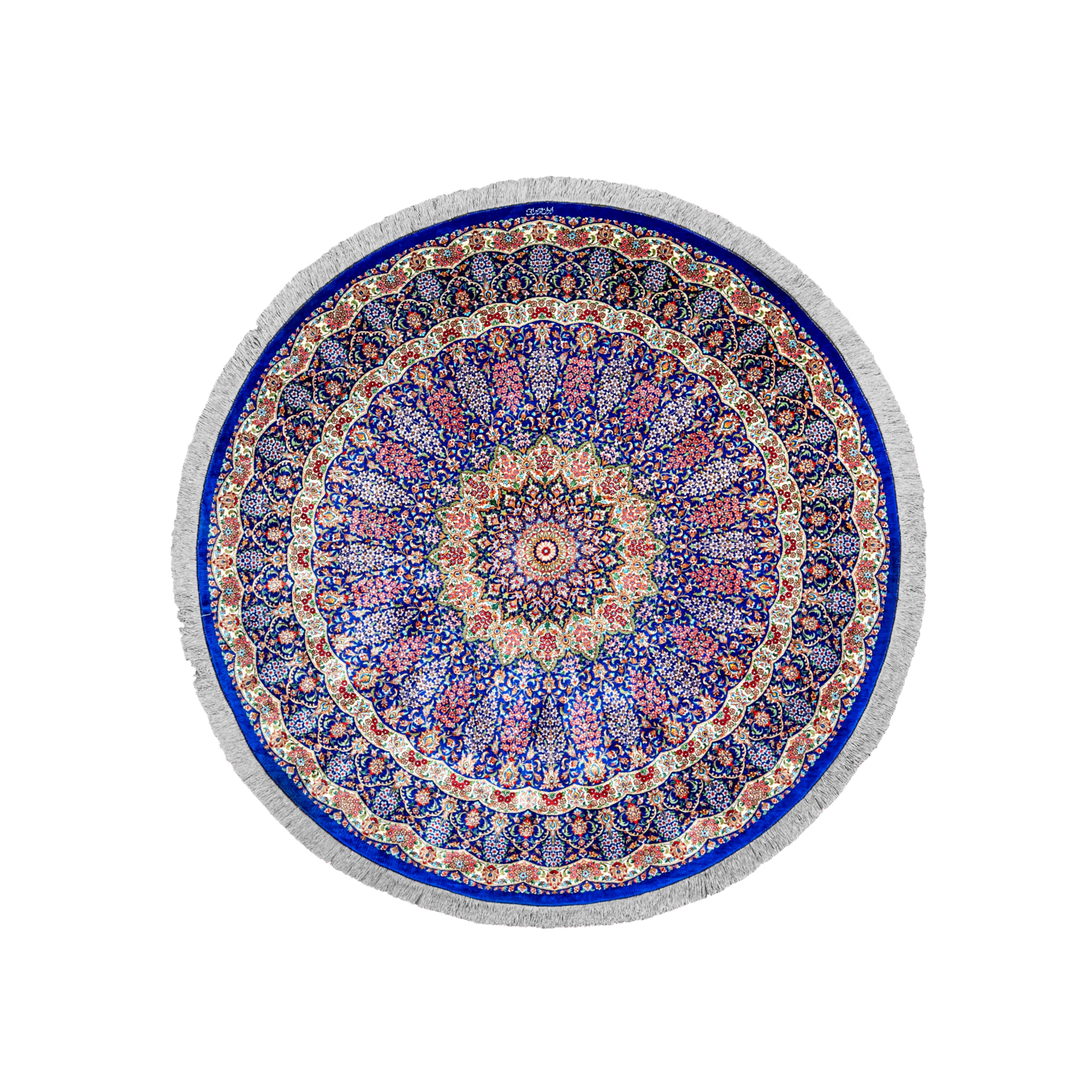 Radial medallion Persian handmade silk rug in Dark Blue, 205 × 205 cm