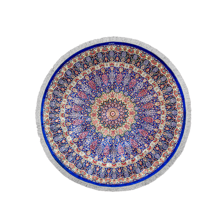 سجادة فارسية حريرية مصنوعة يدويًا Radial medallion، بلون أزرق داكن، 205 × 205 cm