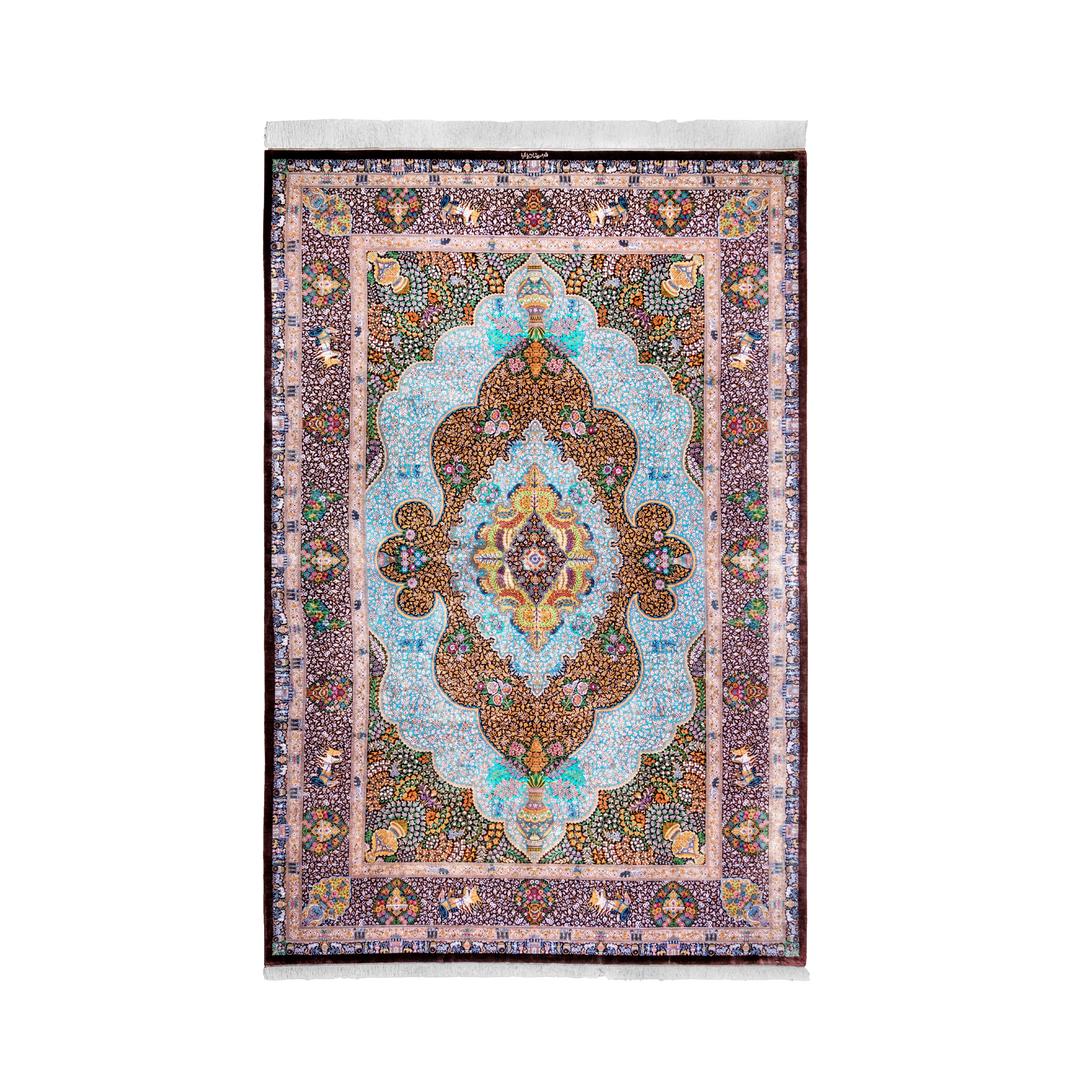 Vase Medallion Persian handmade silk rug in Brown, 298 × 198 cm
