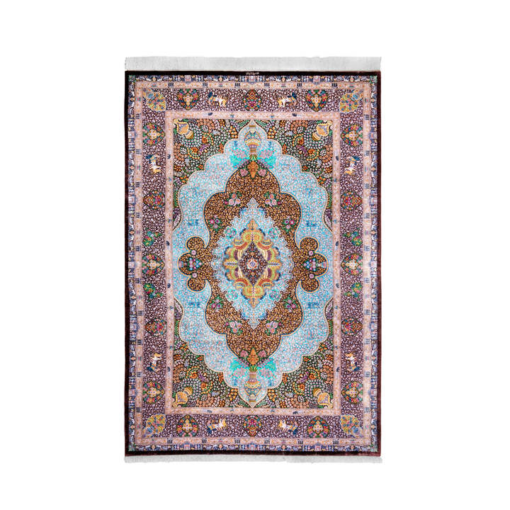 Vase Medallion Persian handmade silk rug in Brown, 298 × 198 cm