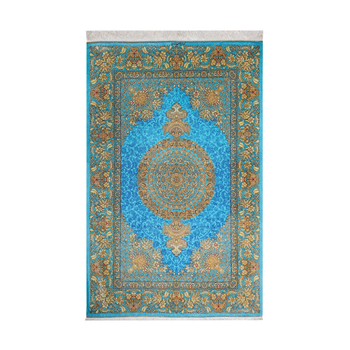 Central Medallion Persian handmade silk rug in Blue, 300 × 198 cm
