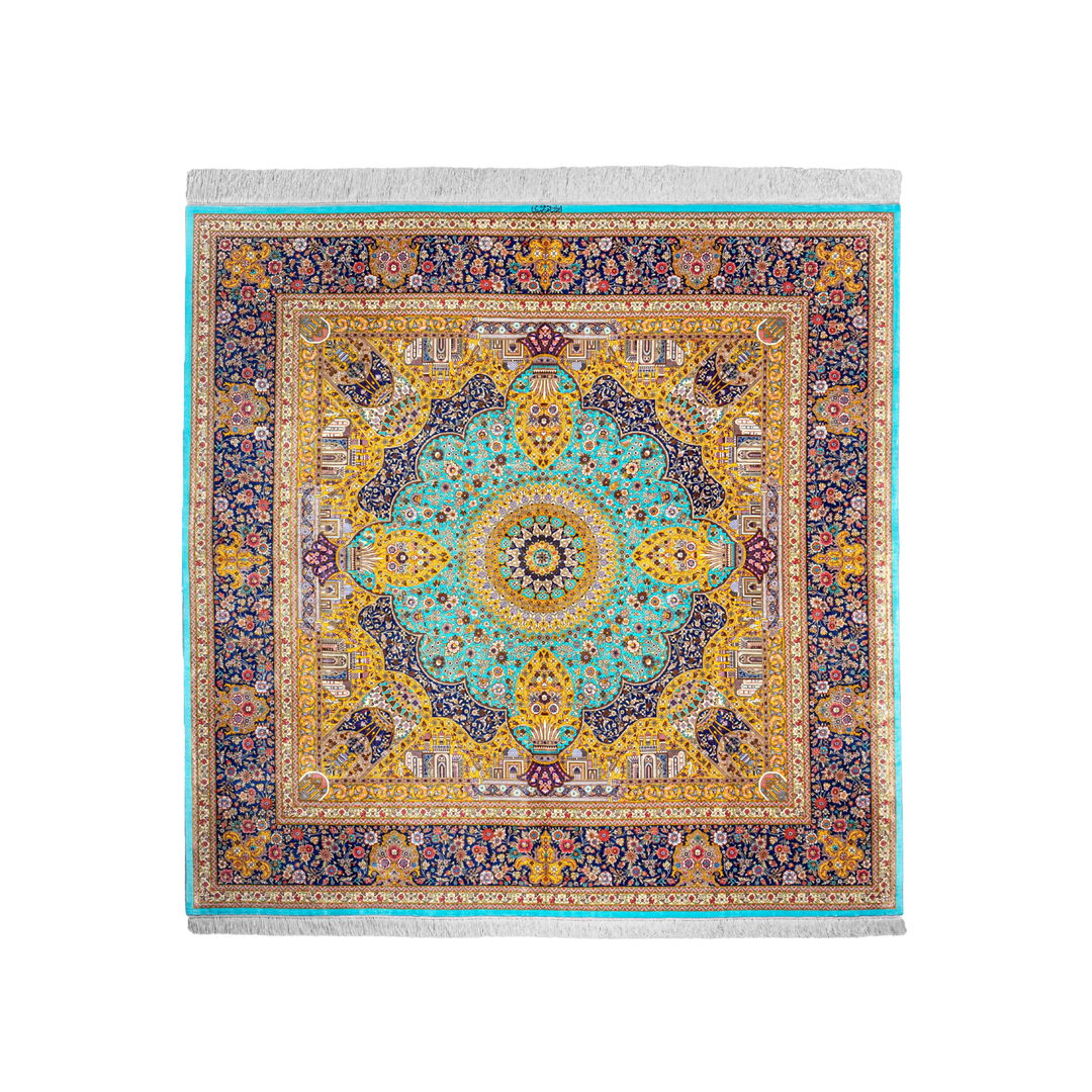 Medallion Persian handmade silk rug in Light Blue, 200 × 195 cm