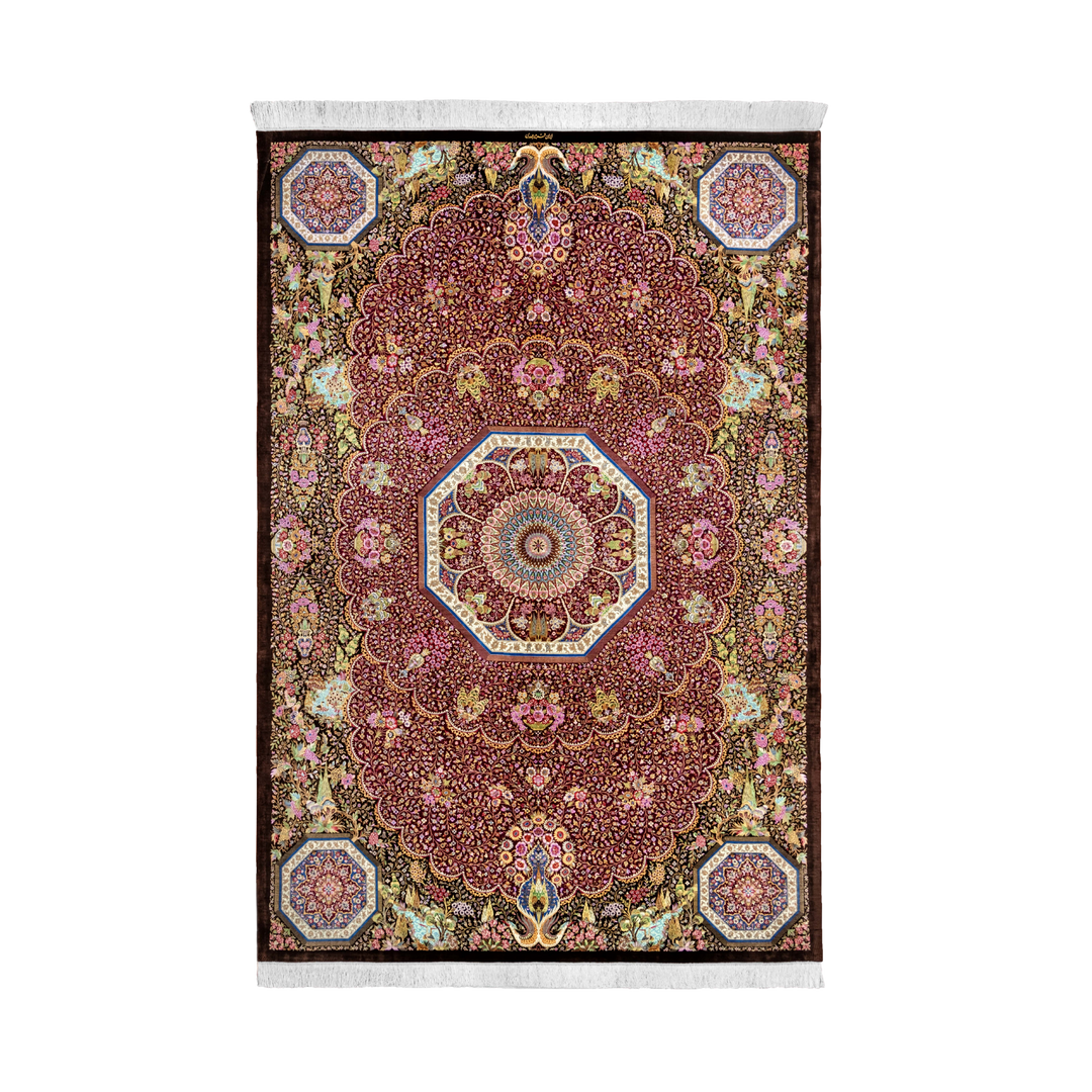 Central Medallion Persian handmade silk rug in Dark Brown, 296 × 200cm