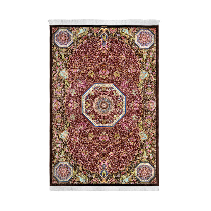 Central Medallion Persian handmade silk rug in Dark Brown, 296 × 200cm