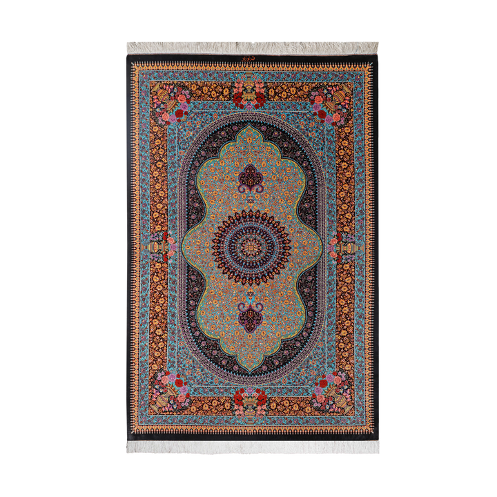 سجادة فارسية حريرية مصنوعة يدويًا Mihrab، بلون أسود، 195 × 131 cm