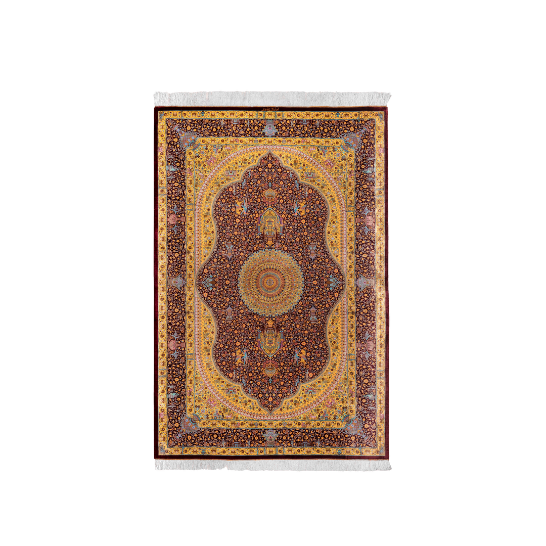 Medallion Persian handmade silk rug in Dark Red, 204 × 134 cm