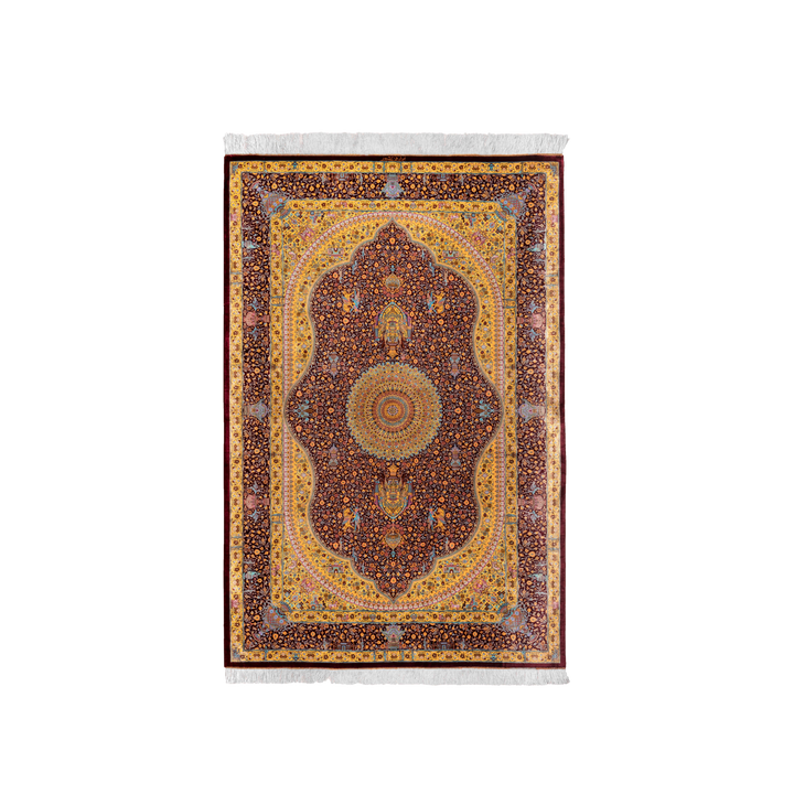 Medallion Persian handmade silk rug in Dark Red, 204 × 134 cm