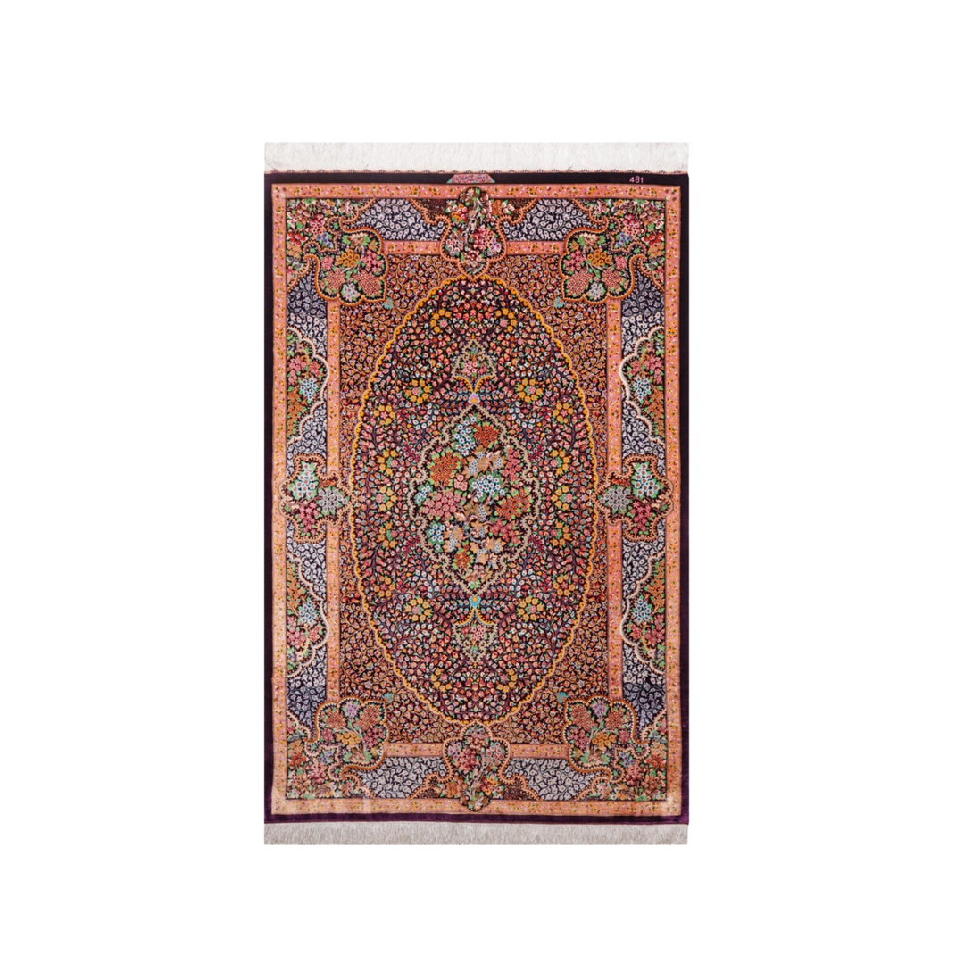 Oval lobed medallion Persian handmade silk rug in Dark Red, 152 × 101 cm