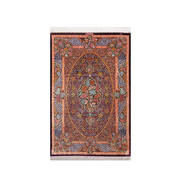 Oval lobed medallion Persian handmade silk rug in Dark Red, 152 × 101 cm