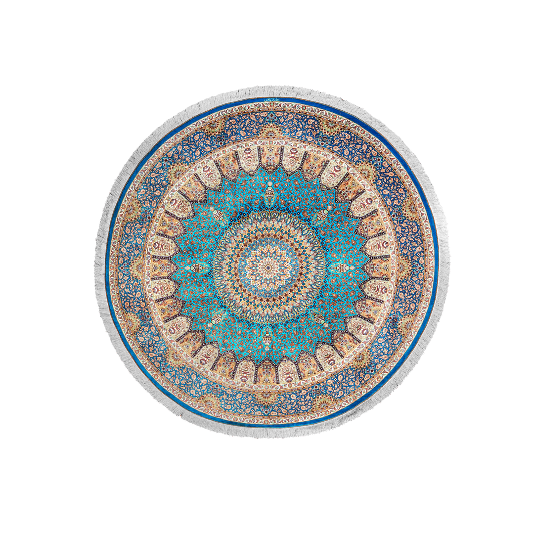 Medallion Persian handmade silk rug in Blue, 198 × 198 cm