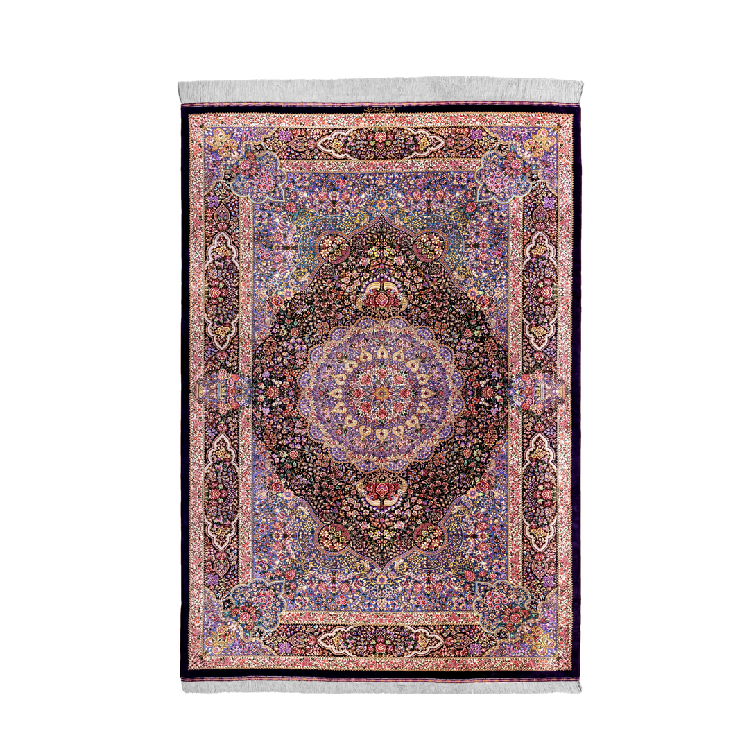 Mihrab Persian handmade silk rug in Purple, 200 × 134 cm