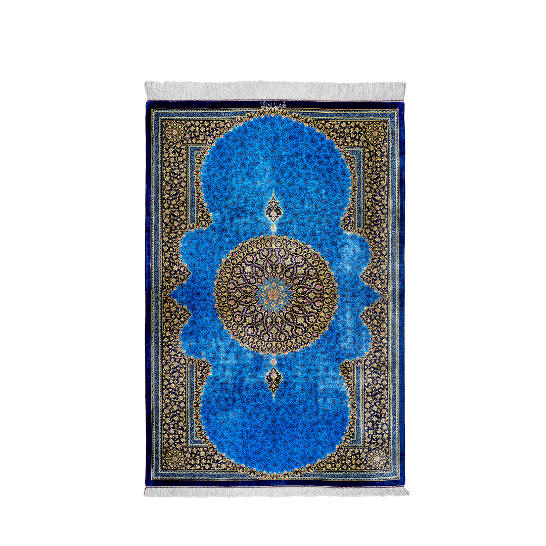 Medallion Persian handmade silk rug in Blue, 148 × 100 cm