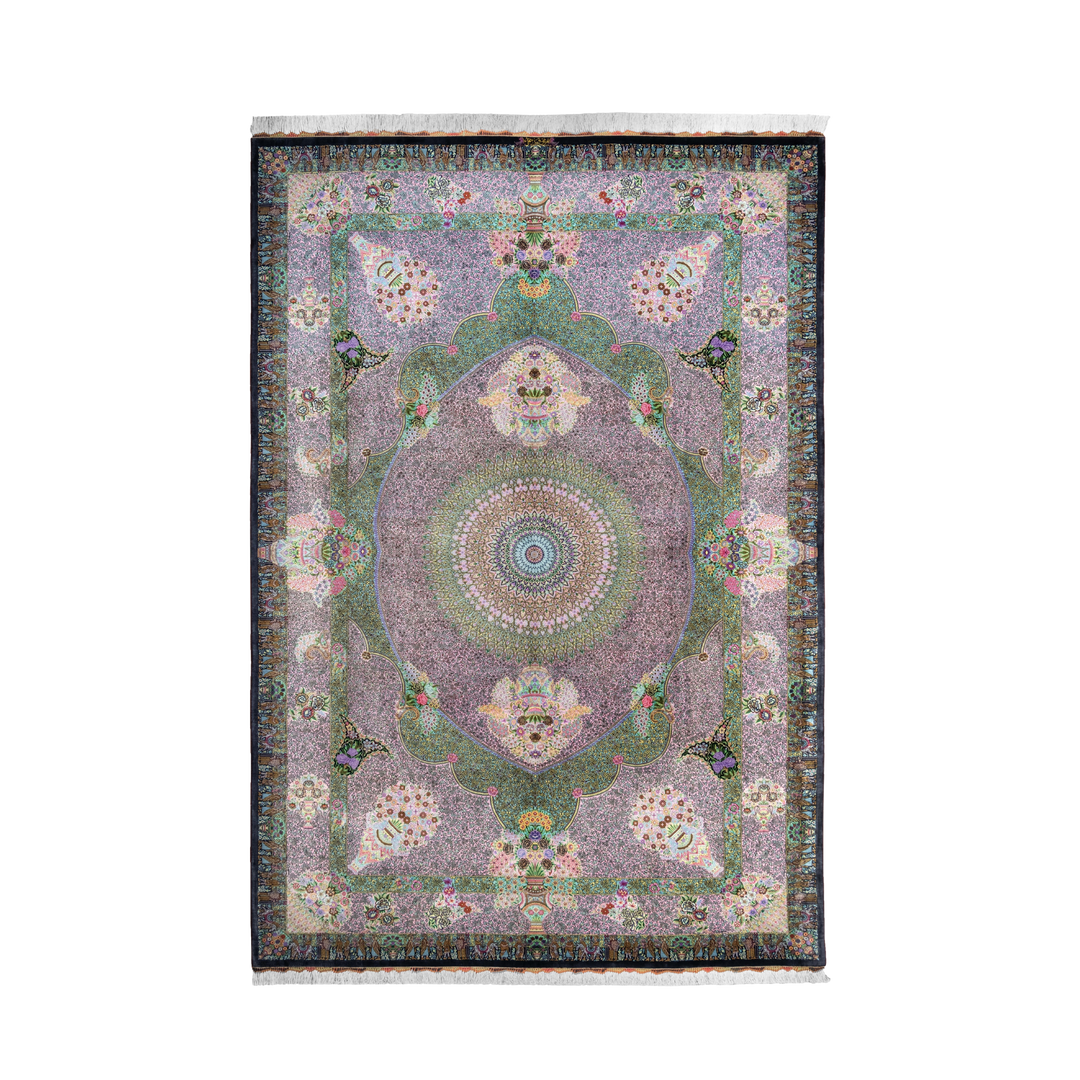 Floral Medallion Persian handmade silk rug in Purple, 293 × 202 cm