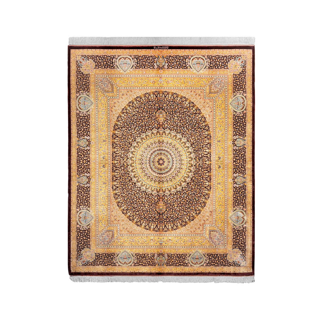 Vase Medallion Persian handmade silk rug in Brown, 244 × 196 cm