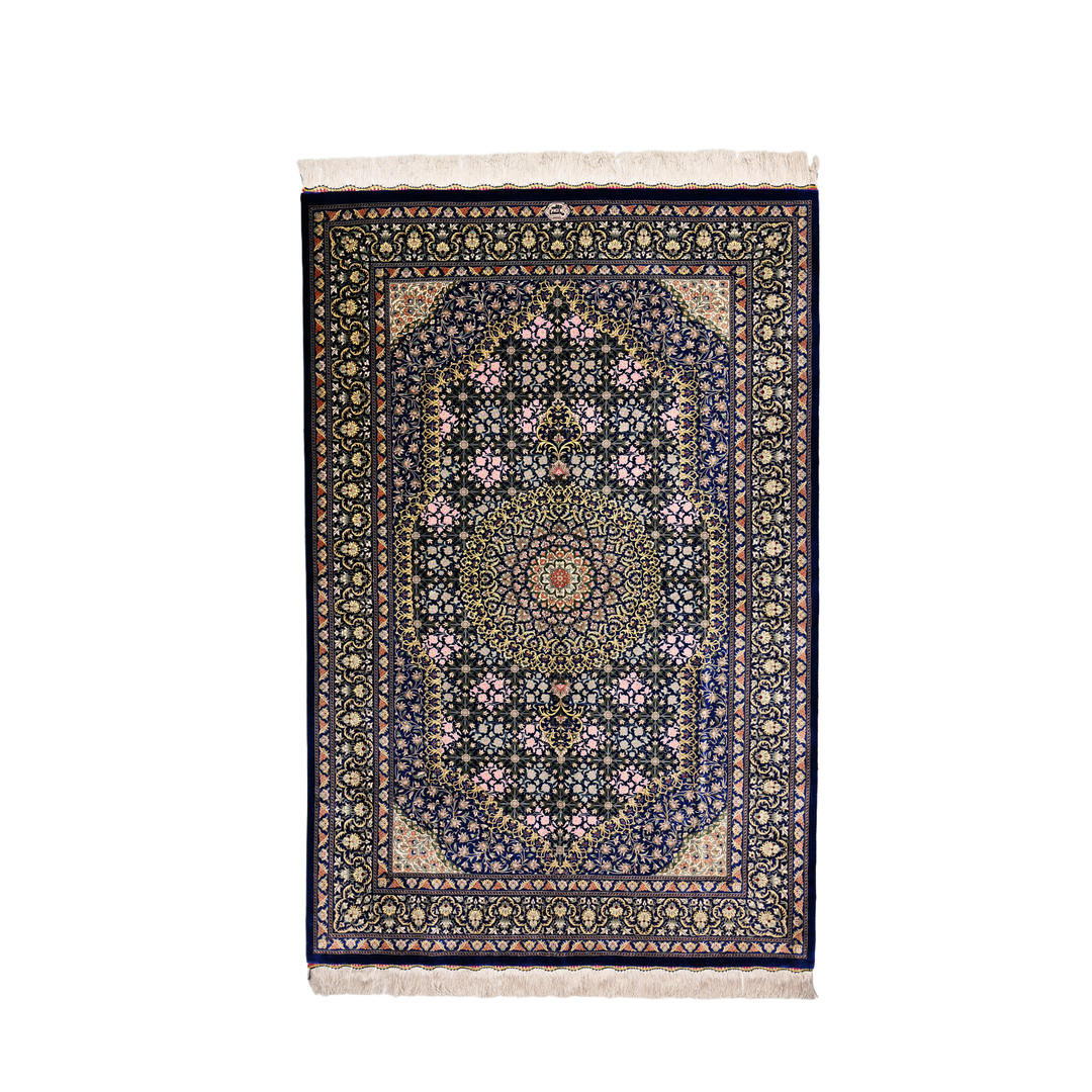 Medallion Persian handmade silk rug in Blue, 150 × 98 cm