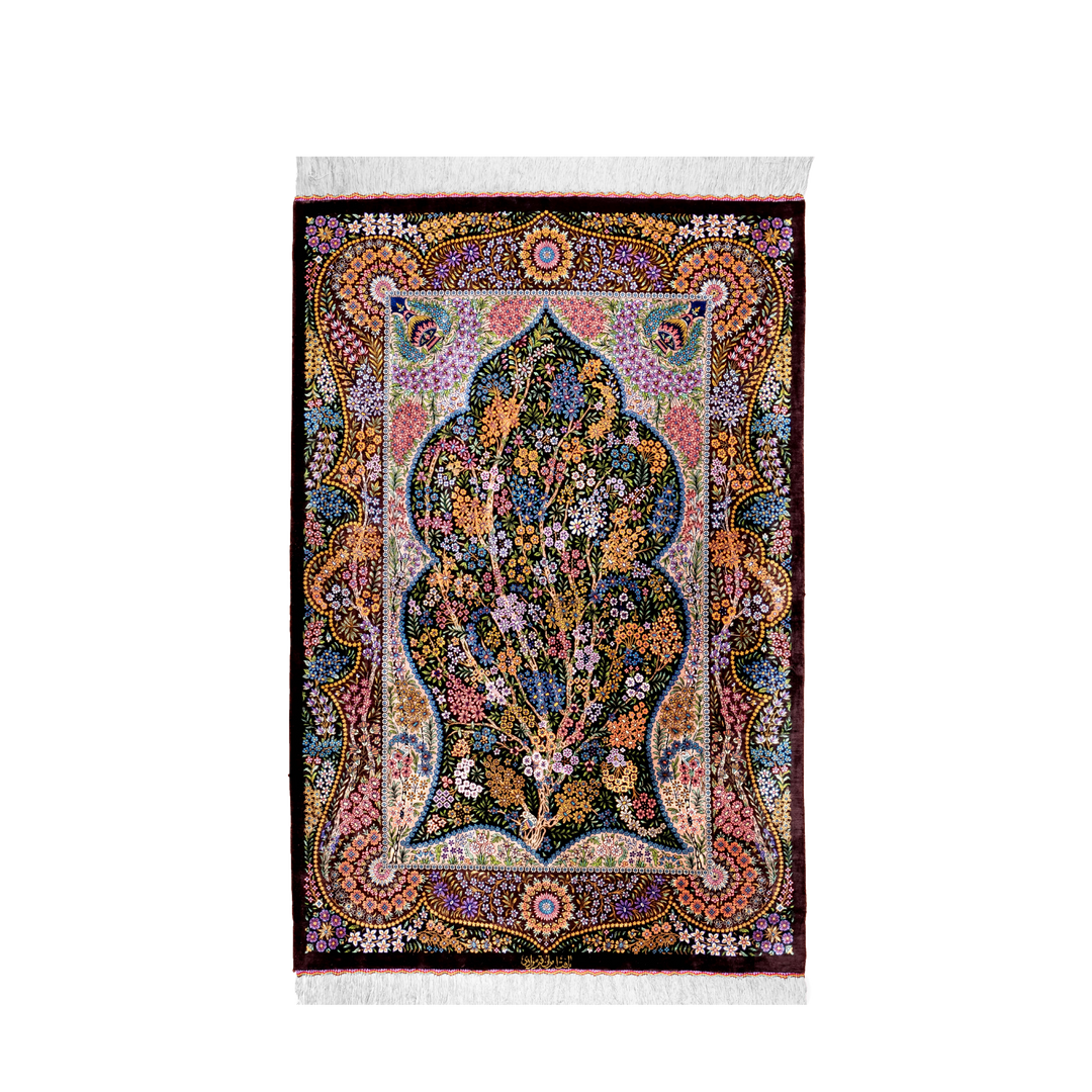 Life Tree Persian handmade silk rug in Brown, 152 × 100 cm