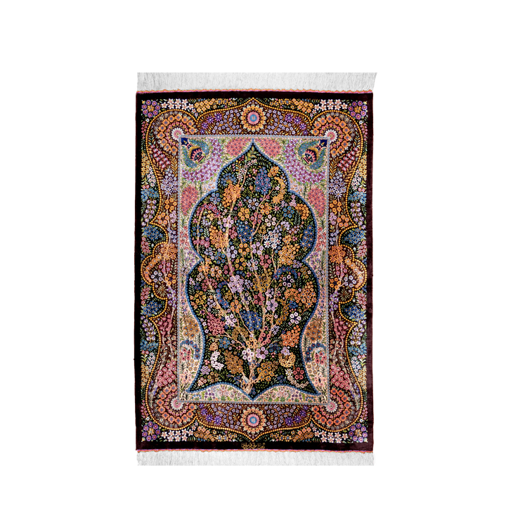 سجادة فارسية حريرية مصنوعة يدويًا Life Tree، بلون بني، 152 × 100 cm