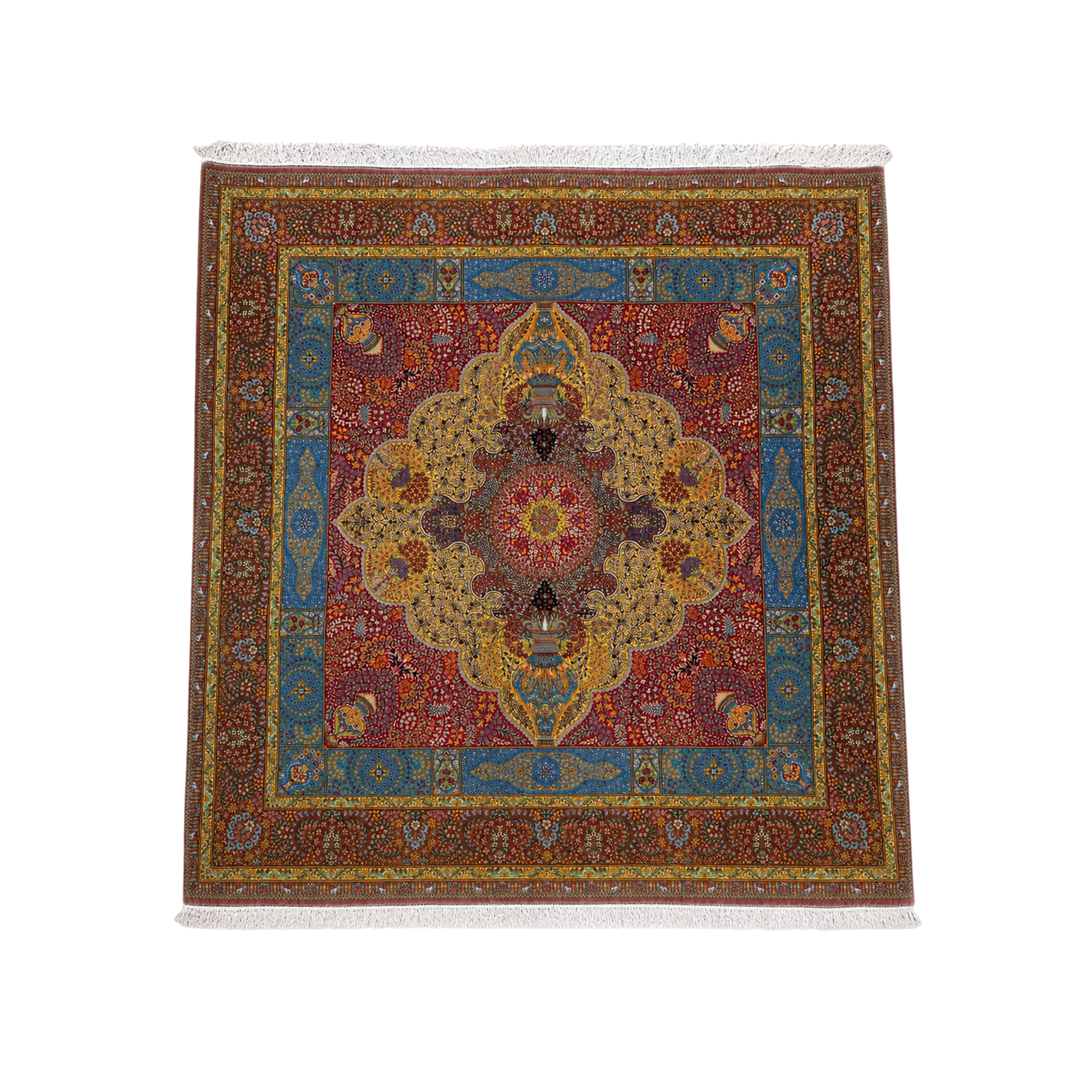 Medallion Persian handmade silk rug in Brown, 251 × 244 cm