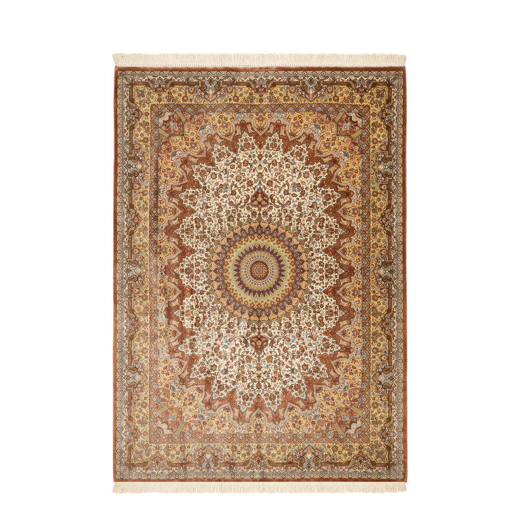 Medallion Shah Abbasi Persian handmade silk rug in Brown, 348 × 245 cm
