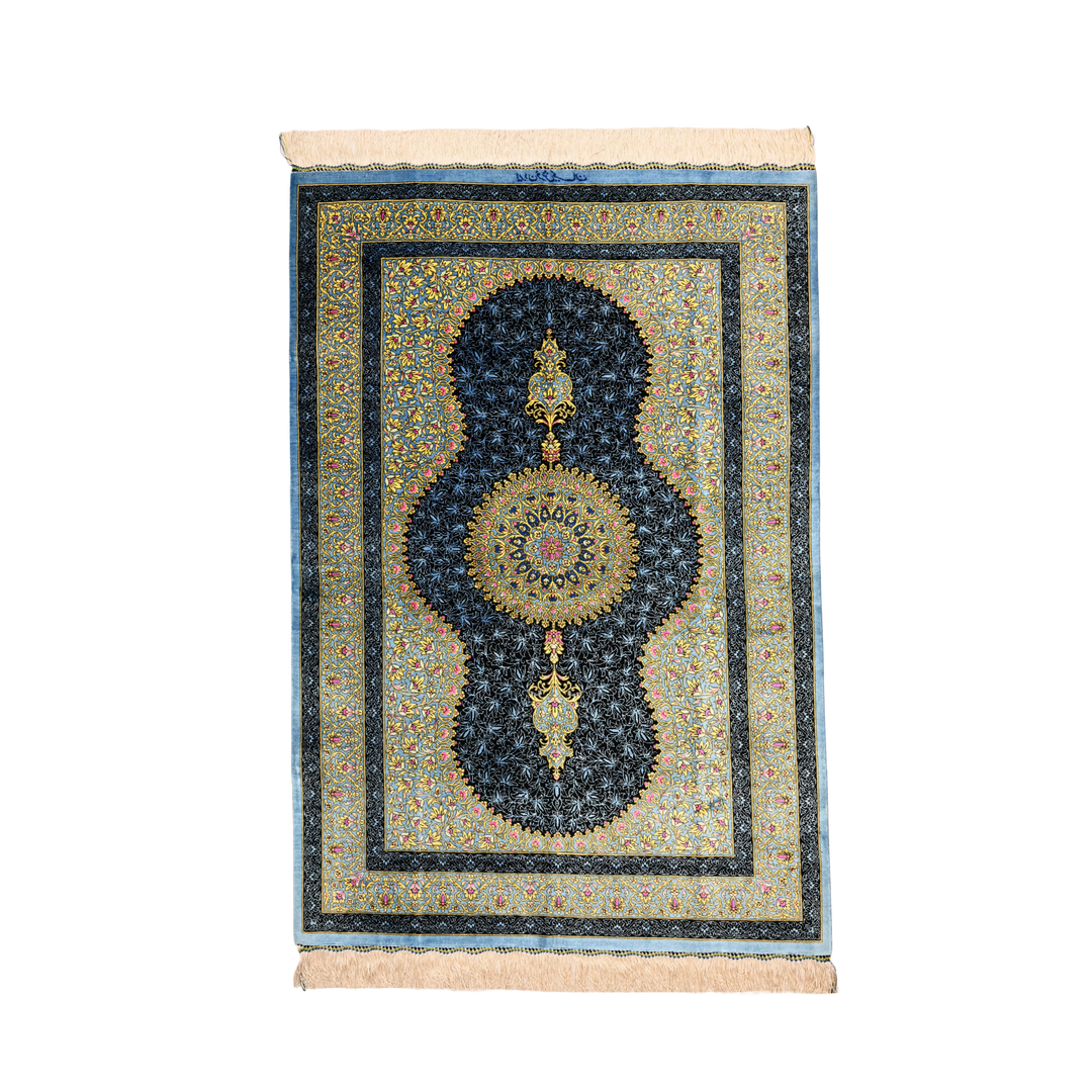 Prayer Persian handmade silk rug in Light Blue, 143 × 98 cm