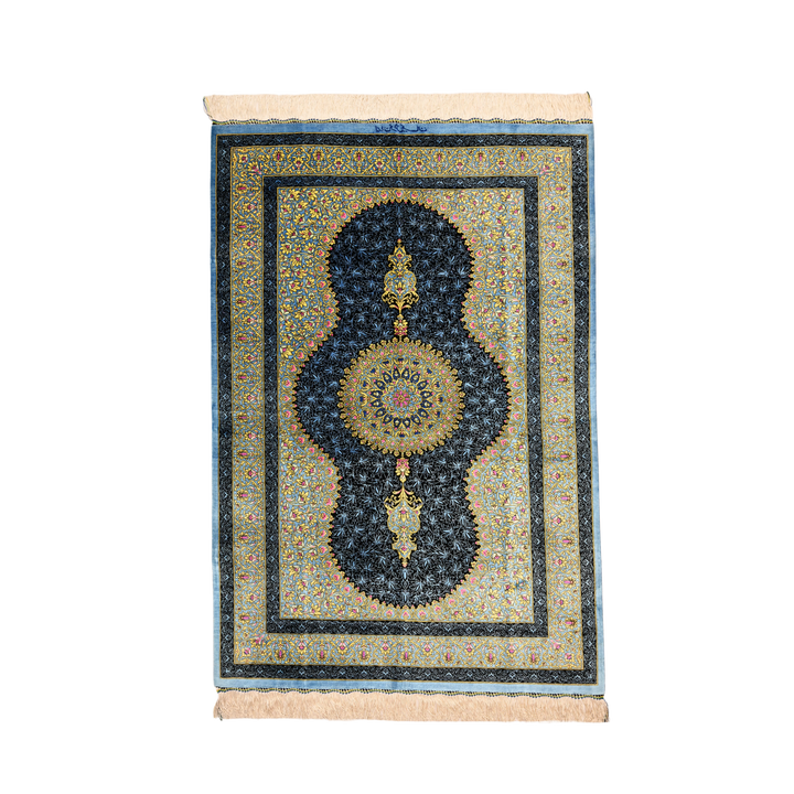 Prayer Persian handmade silk rug in Light Blue, 143 × 98 cm