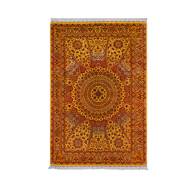 Sunbrust Medallion Persian handmade silk rug in Yellow, 150 × 101 cm