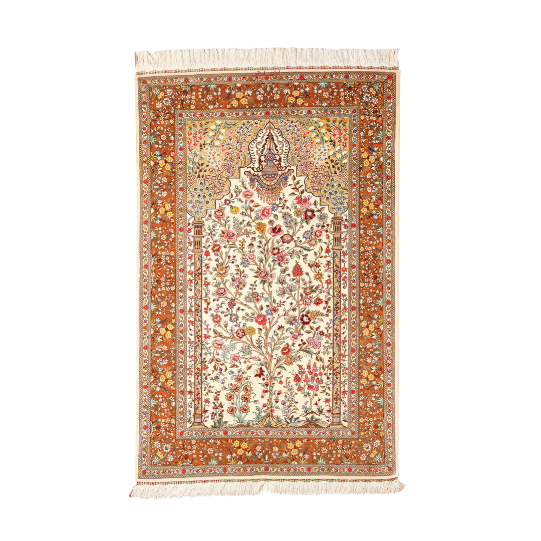 Life Tree Persian handmade silk rug in Beige, 151 × 98 cm
