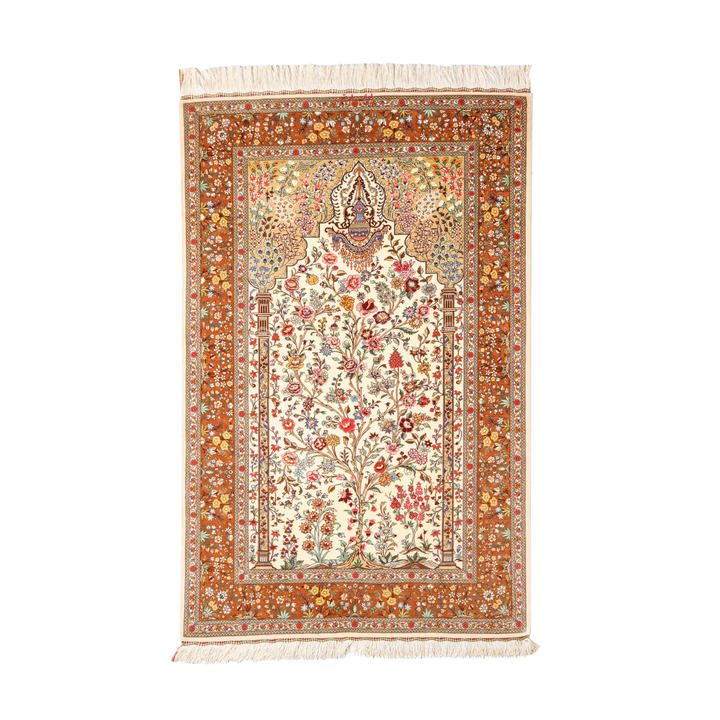 Life Tree Persian handmade silk rug in Beige, 151 × 98 cm