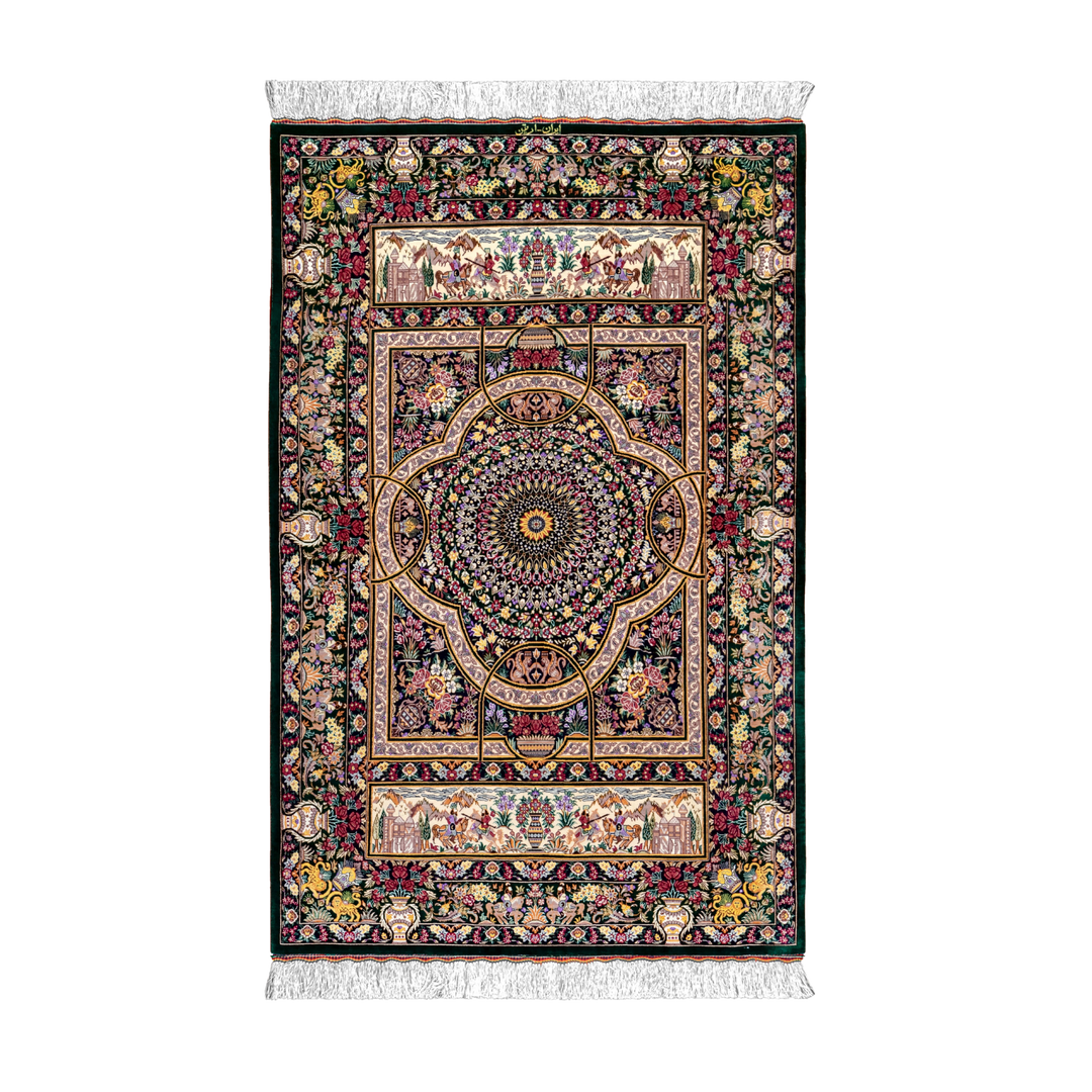Garden Persian handmade silk rug in Green, 155 × 99 cm