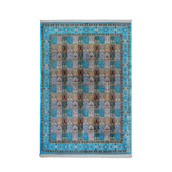 Kheshti 波斯手工丝绸地毯，蓝色，353 × 241 cm