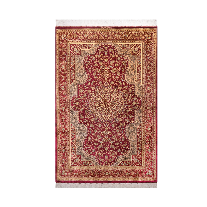 Medallion Persian handmade silk rug in Dark pink, 155 × 97 cm
