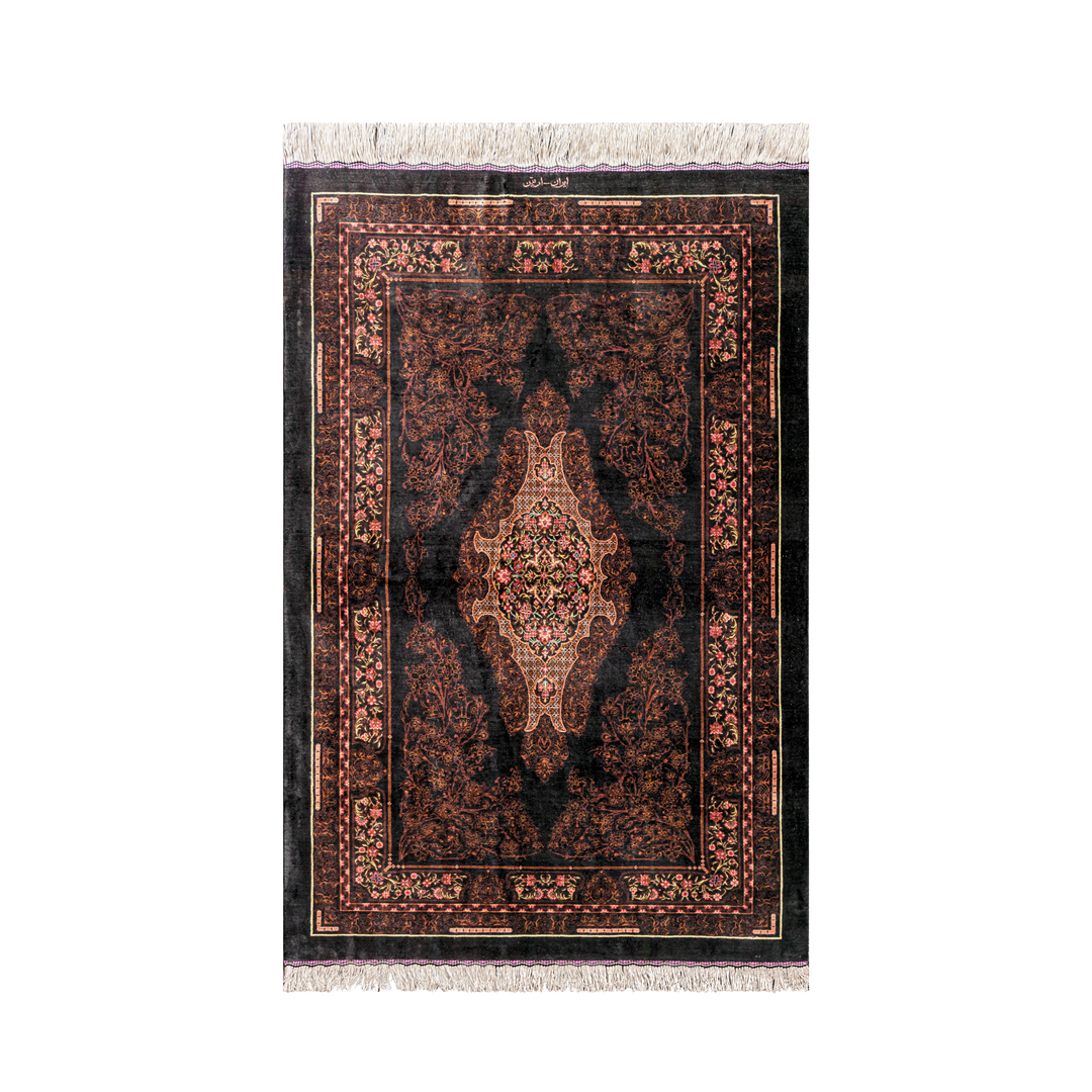 Panel Medallion Persian handmade silk rug in Black, 148 × 97 cm