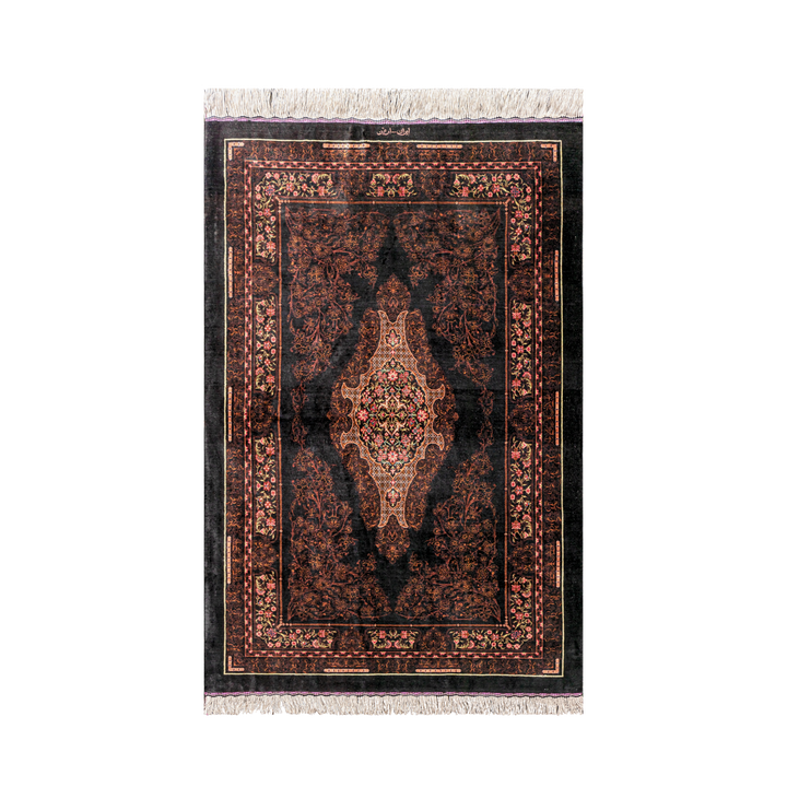 سجادة فارسية حريرية مصنوعة يدويًا Panel Medallion، بلون أسود، 148 × 97 cm